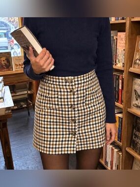 H&M Beige and Navy Checkered Button-Front Mini Skirt